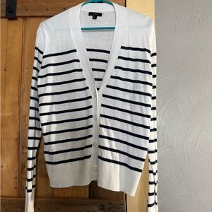 J.Crew White & Navy Striped Cardigan Sweater | Button Front | Size L
